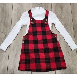 Girls Red Black Buffalo Plaid Pinafore Jumper Dress White Turtleneck‎ Outfit 3T